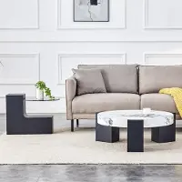 SUCCESS COURIER Table basse ronde moderne à deux niveaux – plateau en verre gris transparent et pieds en MDF noir (en forme de L), aspect marbre blanc, démontable, polyvalente, blanc/gris/noir