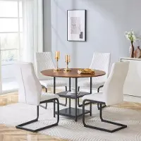 SUCCESS COURIER Ensemble table et chaises, table de salle à manger ronde de 107 cm avec double tablette + 4 chaises de salle à manger blanches, aspect noyer
