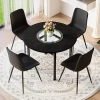 SUCCESS COURIER Ensemble table et chaises, table à manger ronde + 4 chaises enPolyuréthanenoir, pieds noir-marron, style minimaliste