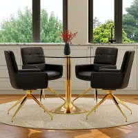 SUCCESS COURIER Ensemble table et chaises, table ronde en verre de 85 cm + 6 chaises noires en PU, pieds dorés, style légèrement luxueux
