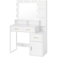 Markenlos Coiffeuse - Miroir et éclairage - 90 x 40 x 143 cm - Lampes LED - Blanc