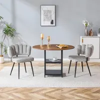 SUCCESS COURIER Ensemble table et chaises, table de salle à manger ronde de 107 cm aspect noyer avec double tablette + 2 chaises de salle à manger gris clair