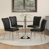 Ninkear Ensemble de table et chaises : table en verre (diamètre 85 cm), 4 chaises en polyuréthane, pieds argentés (noir et argent)