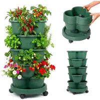 Relaxdays Tour à plantes , jardin vertical, empilable, sur roulettes, H x P : 66 x 33 cm, tour à fraises à 5 étages, PP, vert