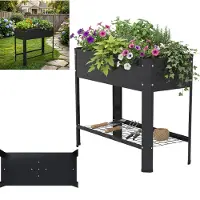 XINZI Potager surélevé en tôle d'acier galvanisée avec espace de rangement, trous de drainage, résistant aux intempéries et à la rouille, pour herbes aromatiques et fleurs, noir (sans roulettes)