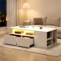 Great han Table basse avec éclairage LED 100 x 50 x 35 cm Table de salon blanche à 2 tiroirs Table à thé moderne Table de canapé Grand espace de rangement Capacité de charge de 60 kg