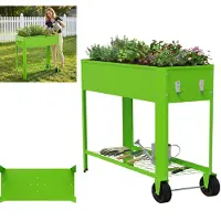 XINZI Jardinière surélevée en tôle d'acier galvanisée avec espace de rangement, trous de drainage, résistante aux intempéries et à la rouille, pour herbes aromatiques et fleurs, verte (avec roulettes)