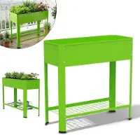 JOIEYOU Jardinière surélevée sans roulettes 80 x 35 x 80 cm avec poignée – Jardinière en métal galvanisé, mobile, pour potager, jardin ou balcon, avec tablette, 56 L, vert
