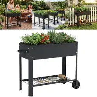 TRMLBE Jardinière surélevée , noire, en tôle d'acier galvanisée avec espace de rangement et roulettes, pour jardin, terrasse ou balcon, 80 × 35 × 80 cm, avec roulettes