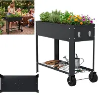 XINZI Jardinière surélevée en tôle d'acier galvanisée avec espace de rangement, trous de drainage, résistante aux intempéries et à la rouille, pour herbes aromatiques et fleurs, noire (avec roulettes)