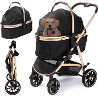 OEM Poussette pour chien 3-en-1, jusqu'à 25 kg, pliable, avec châssis 100 % en aluminium anodisé et ensemble de roues à bandes en caoutchouc pivotant à 360°, pour chiens de petite et moyenne taille