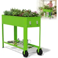 XMTECH Jardinière surélevée en métal 80 x 35 x 80 cm avec roulettes – bac à plantes en acier galvanisé pour jardin ou balcon, potager avec étagère, vert