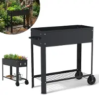 JOIEYOU Jardinière surélevée avec roulettes 80 x 35 x 80 cm et poignée – Jardinière en métal galvanisé, mobile, pour potager, jardin ou balcon, avec tablette, 56 L, noir