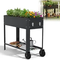 XMTECH Jardinière surélevée en métal 80 x 35 x 80 cm avec roulettes – bac à plantes en acier galvanisé pour jardin ou balcon, potager avec étagère, noir