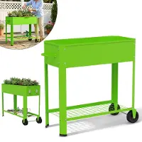 JOIEYOU Jardinière surélevée avec roulettes 80 x 35 x 80 cm et poignée – Jardinière en métal galvanisé, mobile, pour potager, jardin ou balcon, avec tablette, 56 L, verte