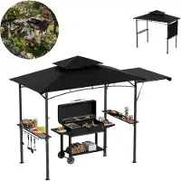 XINZI Abri pour barbecue avec auvent latéral et double toit, structure en acier robuste et résistante aux UV pour le jardin et la terrasse (noir)