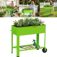 TRMLBE Jardinière surélevée , verte, en tôle d'acier galvanisée avec espace de rangement et roulettes, pour jardin, terrasse ou balcon, 80 × 35 × 80 cm, avec roulettes