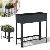 JOIEYOU Jardinière surélevée sans roulettes 80 x 35 x 80 cm avec poignée – Jardinière en métal galvanisé, mobile, pour potager, jardin ou balcon, avec tablette, 56 L, noir