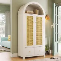 Merax Armoire en rotin de forme incurvée, armoire de chambre à coucher avec 2 portes et 2 tiroirs, tringle à vêtements, armoire de style cottage, blanche
