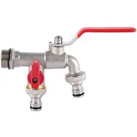OEM Robinet de jardin double, robinet extérieur, double évacuation et raccordement pour lave-linge, raccord mural « 1/2*3/4*3/4 double face [filetage prolongé à 4 points] », laiton, rouge
