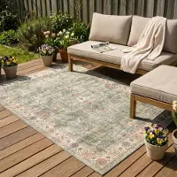 FRAAI Tapis d'extérieur vintage | Santo Flora Vert Olive | 160x230cm | Vert | Rectangulaire | Tapis d'extérieur