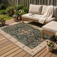 FRAAI Tapis d'extérieur vintage | Santo Flora Vert Foncé | 80x150cm | Vert | Rectangulaire | Tapis d'extérieur