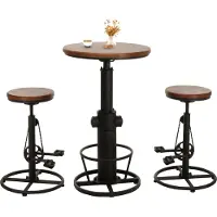 Mendler Set Table De Bar + 2x Tabourets De Bar Hwc-N20, Chaise De Bar Table Haute Réglable En Hauteur Pivotante Repose-Pieds Industrielle En Bois Brun