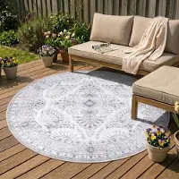FRAAI Tapis d'extérieur rond vintage | Santo Flora Blanc | Ø 100cm | Blanc | Rond | Tapis d'extérieur