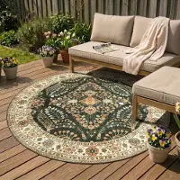 FRAAI Tapis d'extérieur rond vintage | Santo Flora Vert Foncé | Ø 160cm | Vert | Rond | Tapis d'extérieur