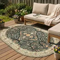 FRAAI Tapis d'extérieur ovale vintage | Santo Flora Vert Foncé | 160x230cm | Vert | Ovale | Tapis d'extérieur