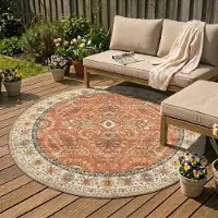 FRAAI Tapis d'extérieur rond vintage | Santo Flora terra | Ø 100cm | Terracotta | Rond | Tapis d'extérieur