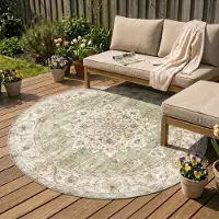 FRAAI Tapis d'extérieur rond vintage | Santo Médaillon Vert | Ø 230cm | Vert | Rond | Tapis d'extérieur