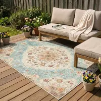 FRAAI Tapis d'extérieur vintage | Santo Mandala Bleu Clair | 230x330cm | Bleu | Rectangulaire | Tapis d'extérieur