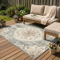 FRAAI Tapis d'extérieur vintage | Santo Mandala Bleu/Gris | 80x150cm | Gris | Rectangulaire | Tapis d'extérieur