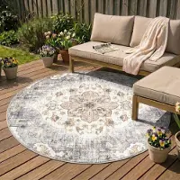FRAAI Tapis d'extérieur rond vintage | Santo Mandala Bleu/Gris | Ø 230cm | Gris | Rond | Tapis d'extérieur