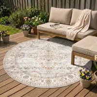 FRAAI Tapis d'extérieur rond vintage | Santo Flora Gris Clair | Ø 230cm | Gris | Rond | Tapis d'extérieur