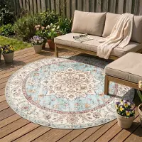 FRAAI Tapis d'extérieur rond vintage | Santo Medallion Bleu Clair | Ø 100cm | Bleu | Rond | Tapis d'extérieur