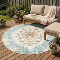 FRAAI Tapis d'extérieur rond vintage | Santo Mandala Bleu Clair | Ø 230cm | Bleu | Rond | Tapis d'extérieur