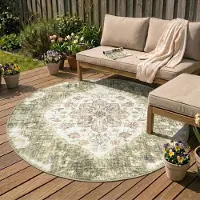 FRAAI Tapis d'extérieur rond vintage | Santo Mandala Vert | Ø 200cm | Vert | Rond | Tapis d'extérieur