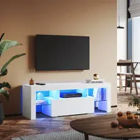 SUNXURY Meuble TV SONNI blanc brillant 130 x 35 x 45 cm, équipé d'une bande lumineuse RGB et d'un espace de rangement