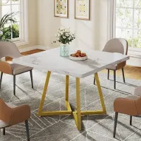 Tribesigns Table de salle à manger, Petite table de salle à manger, Table de cuisine, Table de salle à manger, 80 x 80 cm, pour 4 personnes, pied métallique de style industriel, en or et blanc