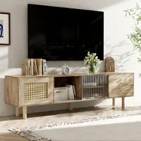 Aiorber Meuble TV, avec portes en rotin, deux tiroirs, portes coulissantes en verre, pieds en bois massif, durable,compartiment de rangement ouvert, pour le salon, 172x35x48cm, naturel