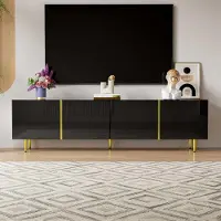 Aiorber Armoire TV noire brillante avec 4 portes, design noir et or, charnières Soft-Close, 170x35x46 cm