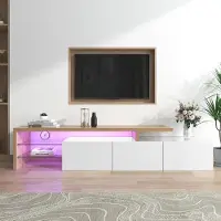 Aiorber Buffet TV moderne 197.5 cm avec façade brillante, aspect bois, étagères en verre, espace de rangement généreux & éclairage LED 7 couleurs - Blanc Naturel