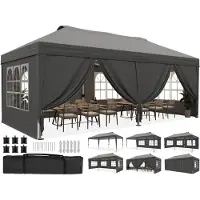 Quictent Tente pliante 3 x 6 m, verrouillage centralisé à bouton-poussoir, pliable avec 6 parois latérales, résistante aux UV, tente de jardin avec trous d'évacuation, gris