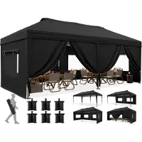Quictent Pavillon 3 x 6 m, pavillon pliable avec verrouillage centralisé à bouton-poussoir, imperméable et résistant aux UV, pavillon de jardin pliable avec 6 parois latérales, noir