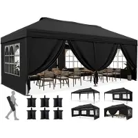 Quictent Tente pliante 3 x 6 m, verrouillage centralisé à bouton-poussoir, pliable avec 6 parois latérales, tente de jardin avec trous d'évacuation, noir