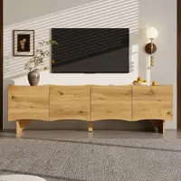Aiorber Armoire TV moderne avec motif de vagues - 155cm Console média en imitation bois avec 4 portes, espace de rangement & passages de câbles pour un salon stylé