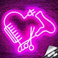 Kopper-24 Lumière LED NEON, lampe murale décorative, sèche-cheveux ciseaux peigne, rose, env. 35,5 x 30,8 x 2 cm