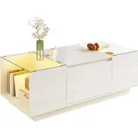 Aiorber Table basse moderne avec LED, plateau en verre, 2 tiroirs, espace de rangement, haute brillance, minimaliste, 105 cm, blanc